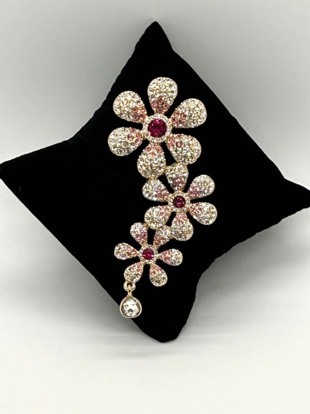 Isaac Mizrahi Gold-Tone Crystal & Pink Daisy Brooch Pin With Teardrop Accent - Picture 10 of 13